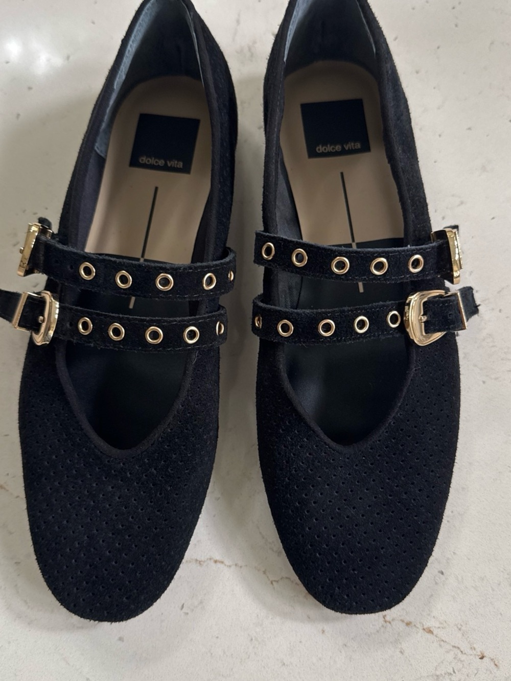 Dolce Vita Black Suede Double-Strap Mary Jane Flats with Gold Hardware
